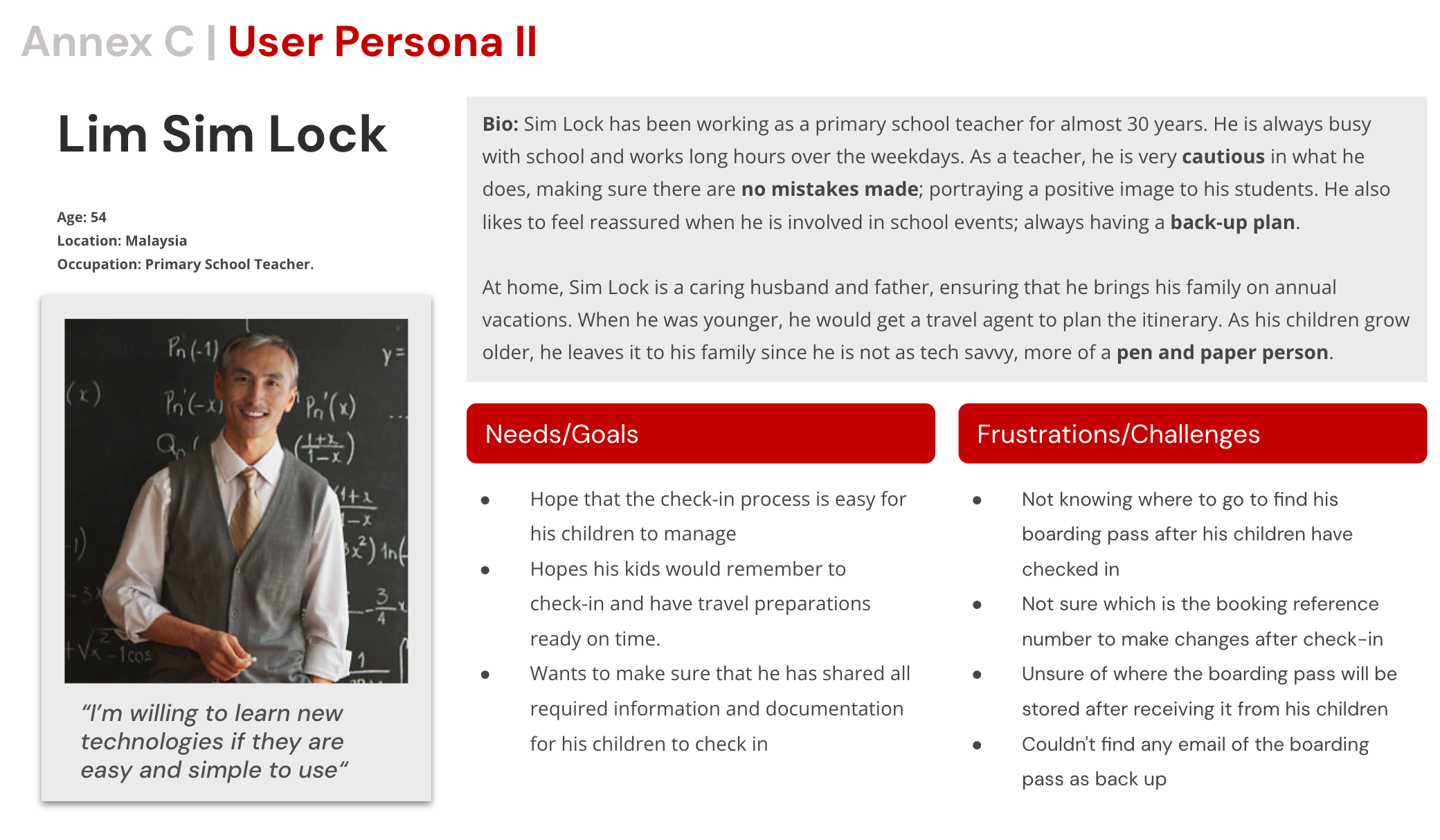 User Persona II — Lim Sim Lock, Primary School Teacher